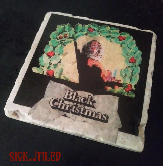 Black Christmas Vintage Poster Tumbled Marble Drink Coasters Single
